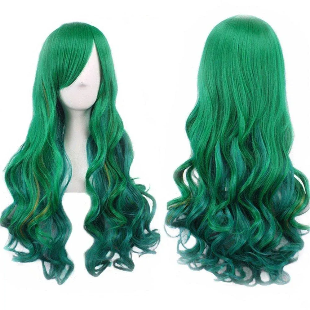 Green Wigs for Women Long Green Wig with Bangs Green Curly Wavy Soft Synthetic W