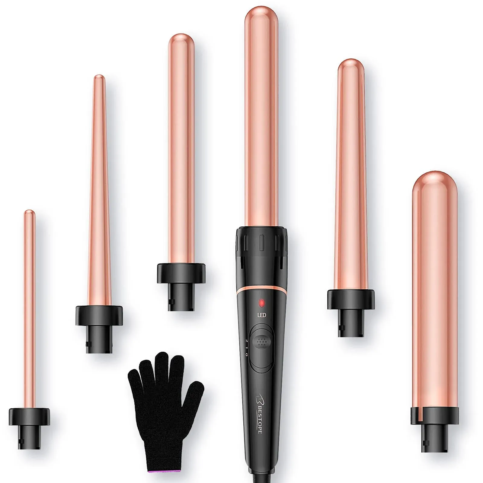 Long Barrel Curling Iron Wand Set, BESTOPE PRO 6 in 1 Curling Wand Set with Ceramic Barrel for Long/Medium Hair, 0.35"-1.25" Interchangeable Hair Wand Curler, Dual Voltage, Include Glove & Clips