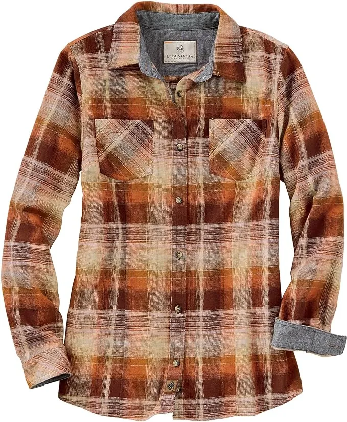 Legendary Whitetails Womens Cottage Escape Flannel Long Sleeve Plaid and Solid Color Clothes, Fitted Button Down