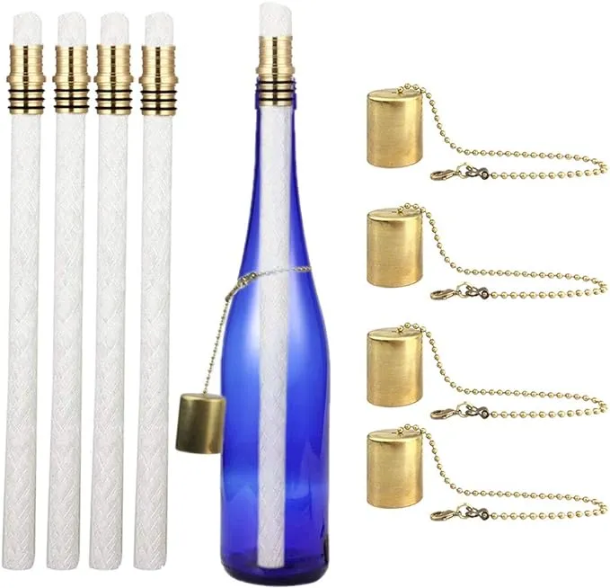 Wine Bottle Tiki Torch Kit, Torch Wicks, Brass Wick Holders & Brass Caps, 4 Pk