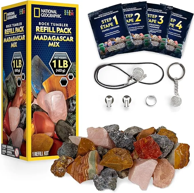 National Geographic Rock Tumbler Refill Kit - 1 Lb. Mix of Genuine Rough Agate Rocks for Tumbling - Rock Tumbler Supplies Include Rock Tumbler Grit and Jewelry Accessories, Raw Agate