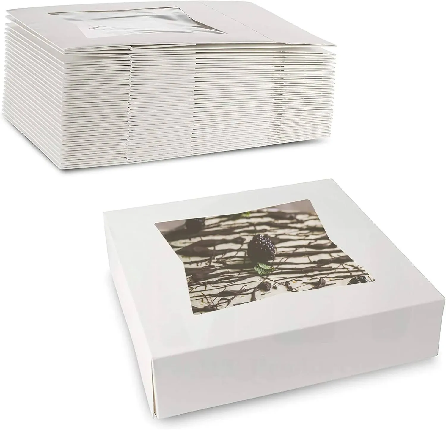 MT Products White Cookie Boxes - Size of 8" X 8" X 2.5" - (Pack of 25) Auto Pop-Up Bakery Boxes with Window - Made in the USA