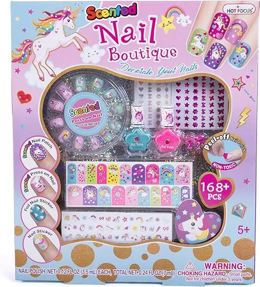 Hot Focus Scented Nail Boutique – 168 Piece Unicorn Nail Art Kit Includes Press on Nails, Nail Patches, Nail Stickers, Nail Polishes, Nail File and Ring – Non-Toxic Water Based Peel Off Nail Polish