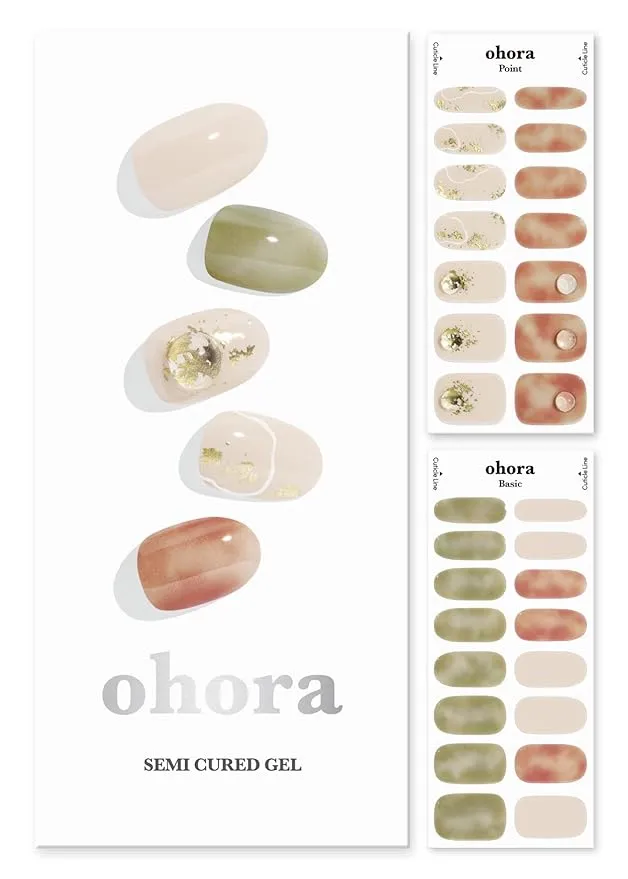 ohora Semi Cured Gel Nail Strips (N Afternoon Garden) - Works with Any Nail Lamps, Salon-Quality, Long Lasting, Easy to Apply & Remove - Includes 2 Prep Pads, Nail File & Wooden Stick