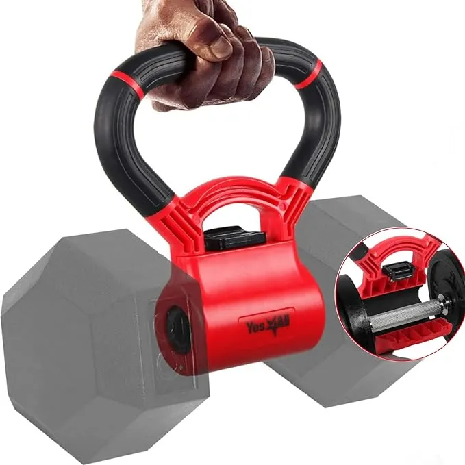 Yes4All Combo Kettle Grip (Single) + Rubber Hex Dumbbell (Single) - 30lbs - Red