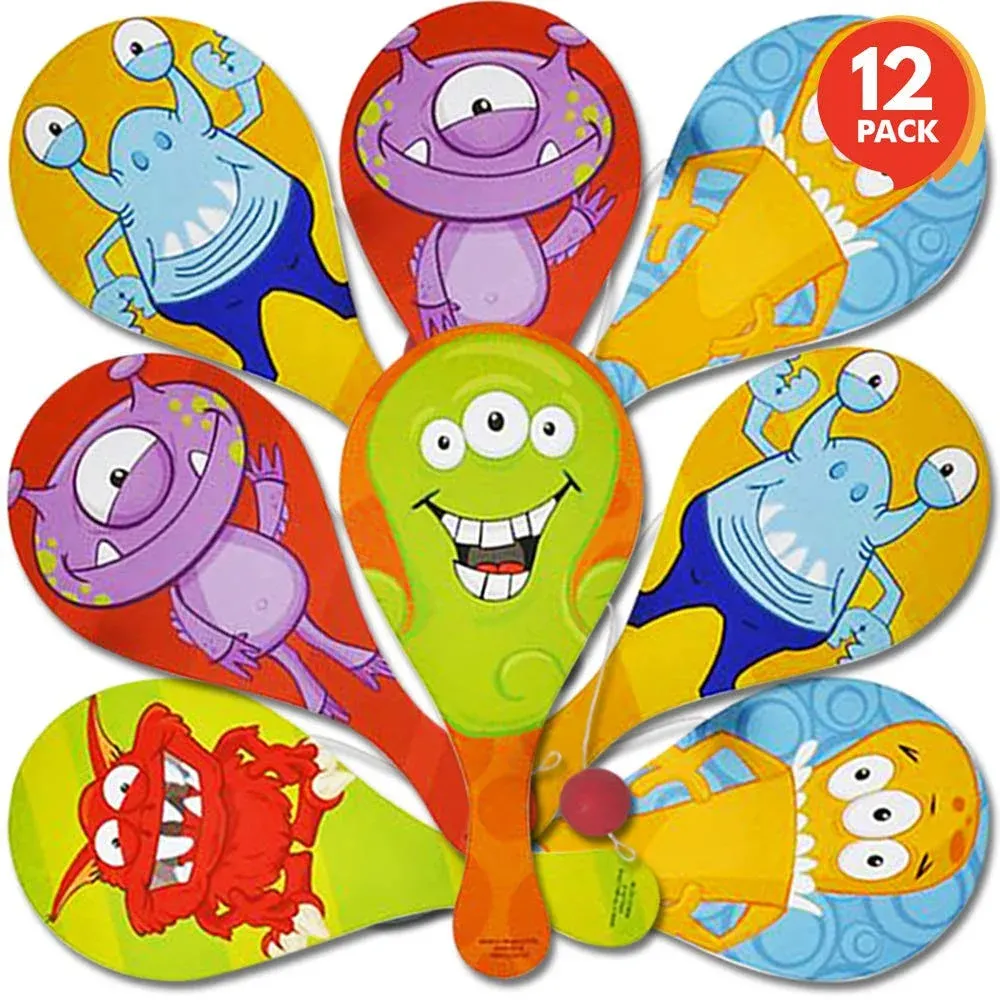 ArtCreativity Monster Figure Paddle Balls, Pack of 12, 9.25 Inch Wooden Paddleball with String, Assorted Bright Colors and Designs, Great Party Favors, Goodie Bag Fillers, Fun Activity for Kids