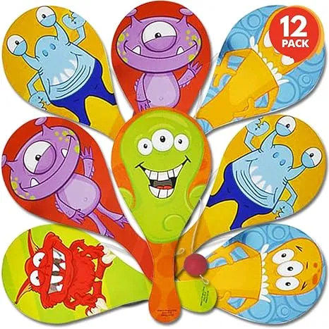 ArtCreativity Monster Figure Paddle Balls, Pack of 12, 9.25 Inch Wooden Paddleba