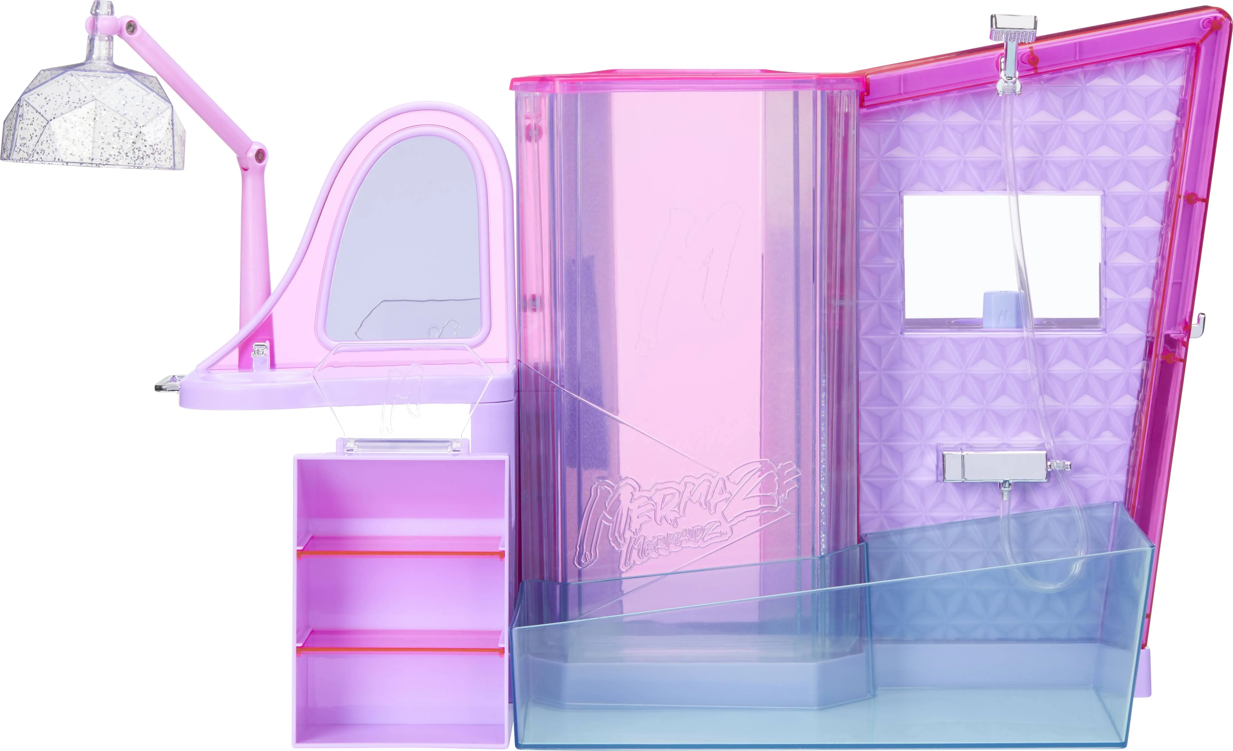 MERMAZE MERMAIDZ Playset Salon & Spa Playset with Lights, Bubble Wall, Working Shower, Bathtub, Beauty Station, and 19 Accessories