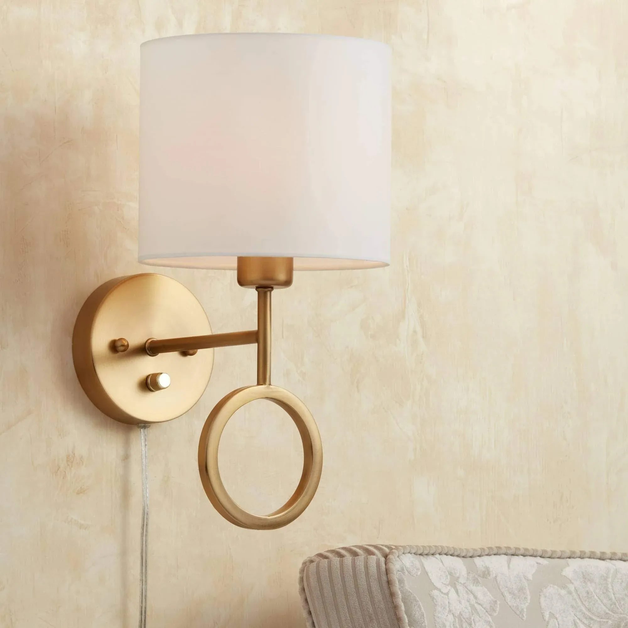 Amid on Modern Indoor Wall Mount Lamp Warm Brass Metal Ring Plug In Light Fixture Dimmable White Drum Shade for Bedroom Bedside House Reading Living Room Home Hallway Dining - 360 Lighting