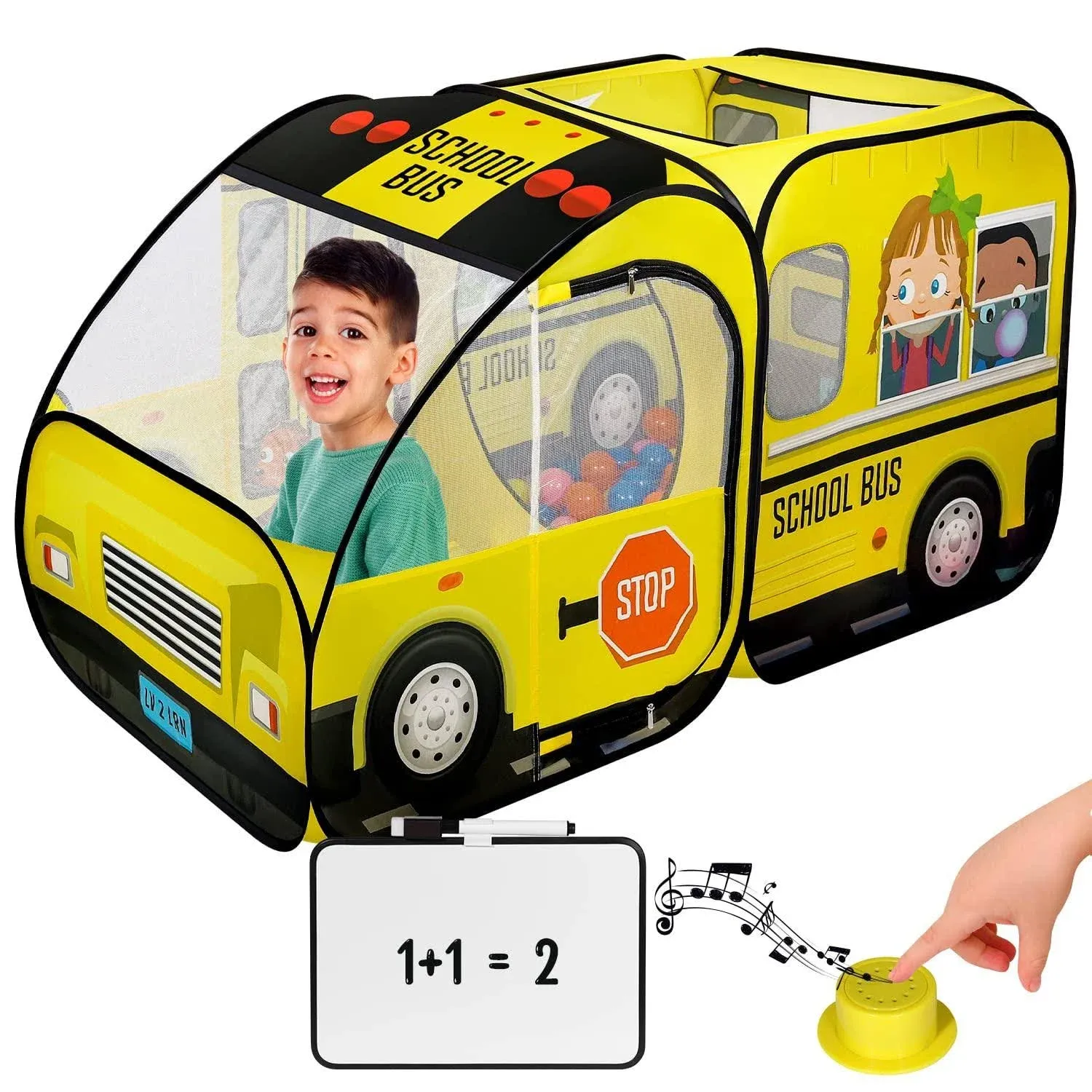 School Bus Pop-Up Kids Tent with Sound Play Button, Ball Pit for Toddler & Up - Easy Setup Tent for Indoor & Outdoor, Daycare Playground Activities & Pretend Play, Great for Kids