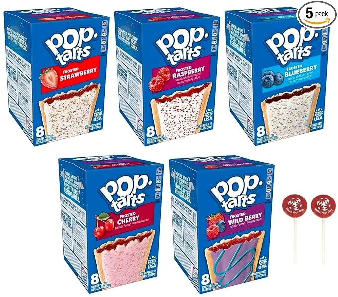 Pop Tarts Frosted Variety Pack, Strawberry, Raspberry, Blueberry, Cherry, and Wild Berry, 13.5 Ounce (Pack of 5) - with Two MYD Lollipops