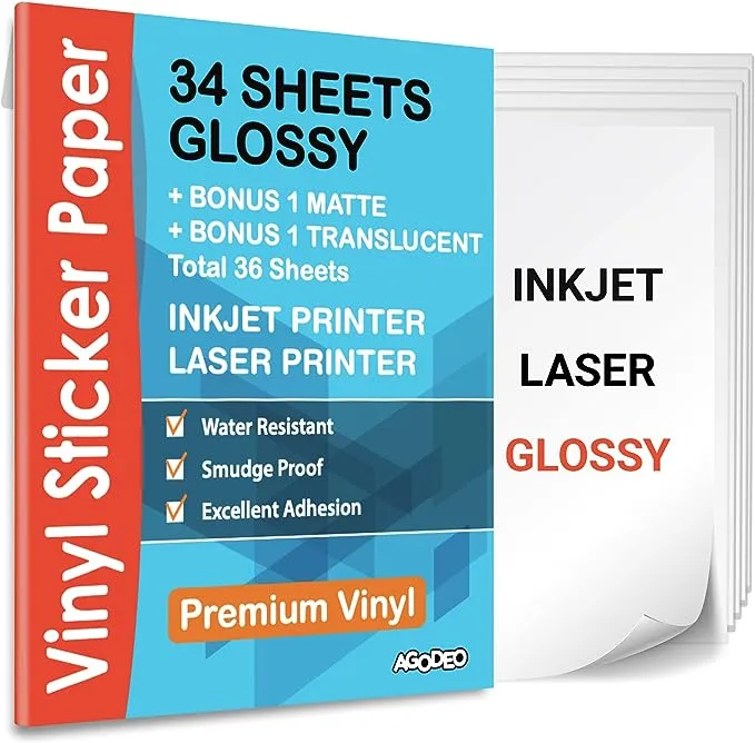 Premium Printable Vinyl Sticker Paper for Inkjet & Laser Printer - 32 Sheets Self-Adhesive Sheets Glossy White Waterproof, Dries Quickly Vivid Colors, Holds Ink well- Tear Resistant (Glossy)