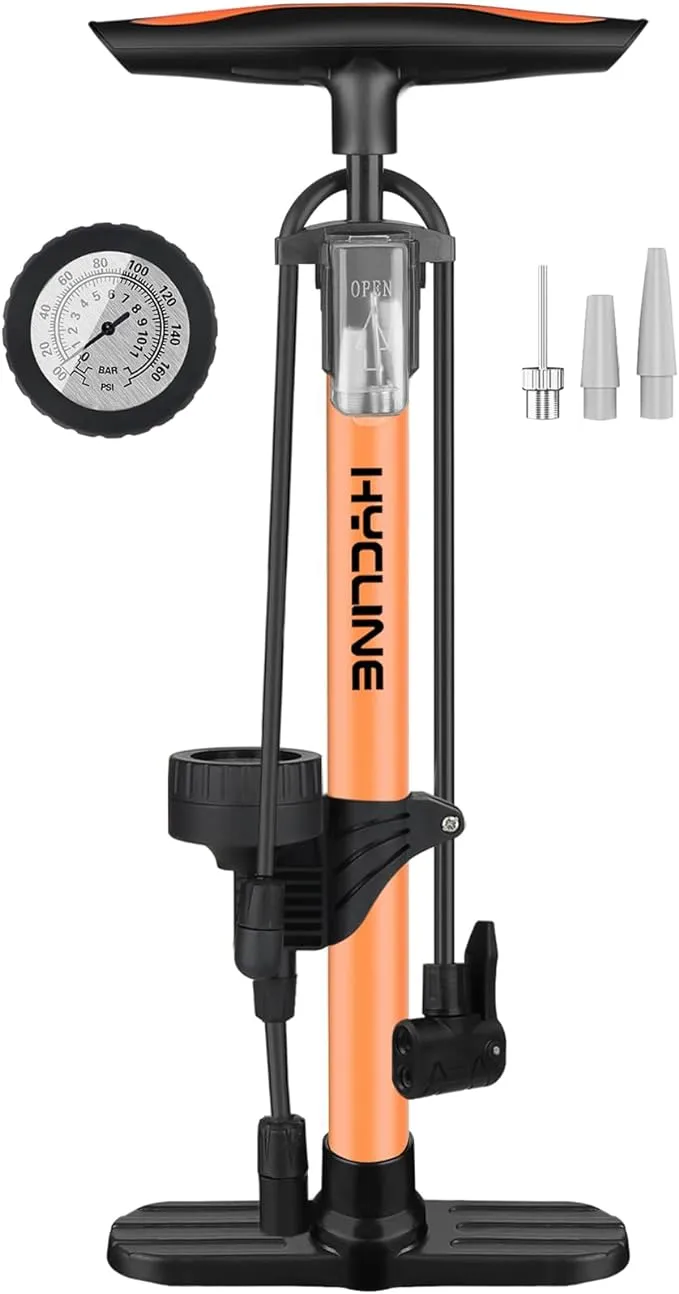 Hycline Bike Floor Pump with Gauge: Bicycle Tire Pump 160 PSI High Pressure - Air Pumps with Presta and Schrader Valve - Inflator for MTB BMX Tires, Balls, Balloons, Inflatables