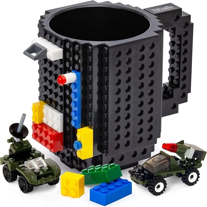 TOYAMBA Build on Brick Mug BPA-Free Funny Mug with 3 Packs of Building Bricks, Funny Cups for Kids - Creative Building Block Mug DIY Idea 16OZ (Black)