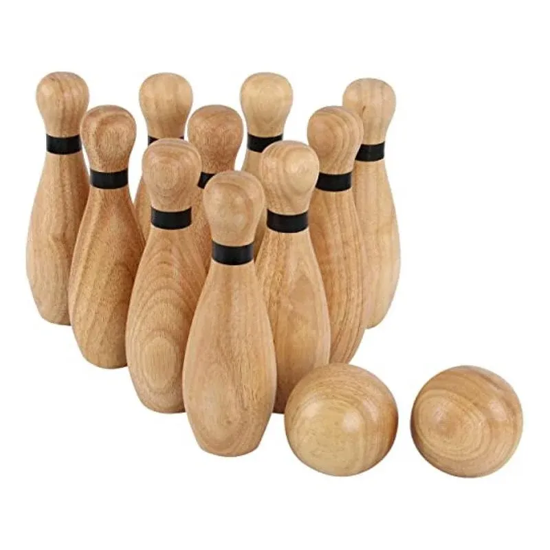 Get Out! Wooden Bowling Set - 12pc Lawn Bowling and Skittle Ball Games for Children and Adult Fun