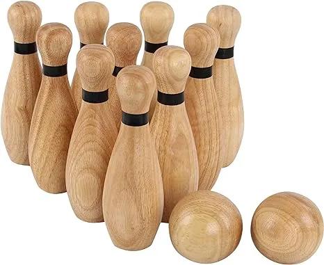 Get Out! Wooden Bowling Set - 12pc Lawn Bowling and Skittle Ball Games for Children and Adult Fun