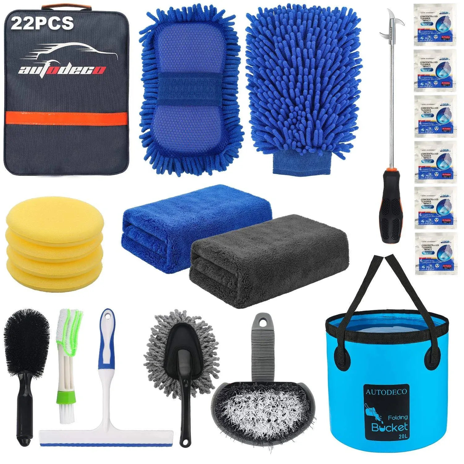 AUTODECO 22pcs Car Wash Cleaning Tools Kit Car Detailing Set with Blue Canvas Bag ...