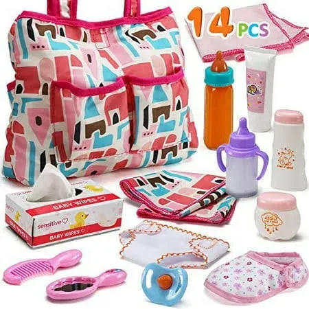 14 Pack Baby Doll Accessories, Baby Doll Feeding and Caring Set Includes Diaper ...