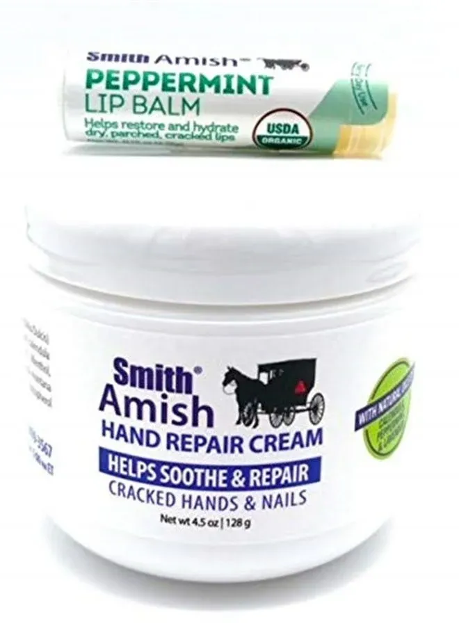 Smith Amish Hand Repair Cream 4.5 oz Jar Plus Organic Peppermint Lip Balm.