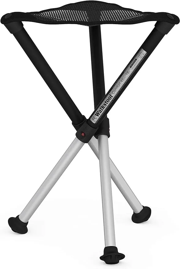 Walkstool - Comfort Model - Black and Silver - 3-Legged Folding Stool Made of Aluminum - Height 18" - 30" - Folding Stool, Capacity 440 - 550 Lbs - Made in Sweden