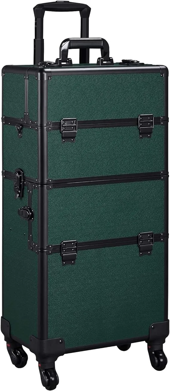 Topeakmart 3-in-1 Large Professional Rolling Makeup Train Case, Cosmetic Trolley, Rolling Makeup Travel Organizer Cosmetic Travel Case, Portable Cosmetics Organizers with Lock and Wheels - Dark Green