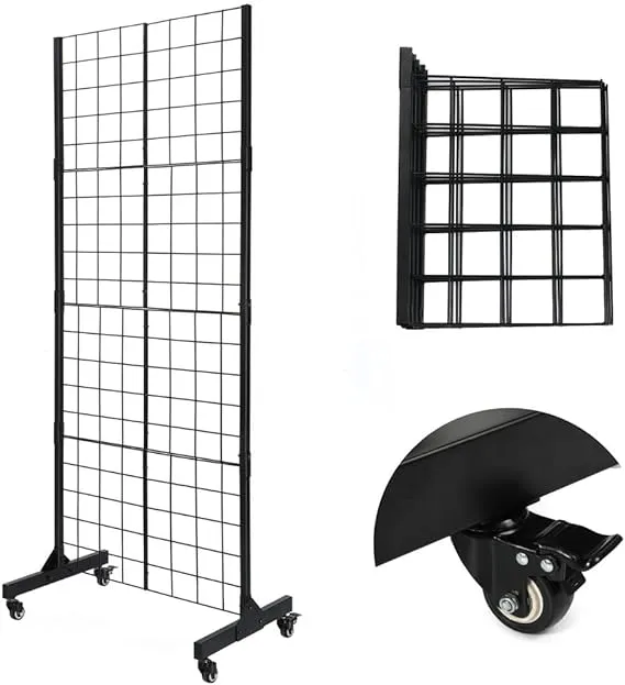 Grid Wall Panels with T-Base Stand - 5' x 2' - Sturdy Metal Art Display Panels for Retail, Home, Trade Shows, and Office - Easy Assembly and Customization - with Caster Wheels