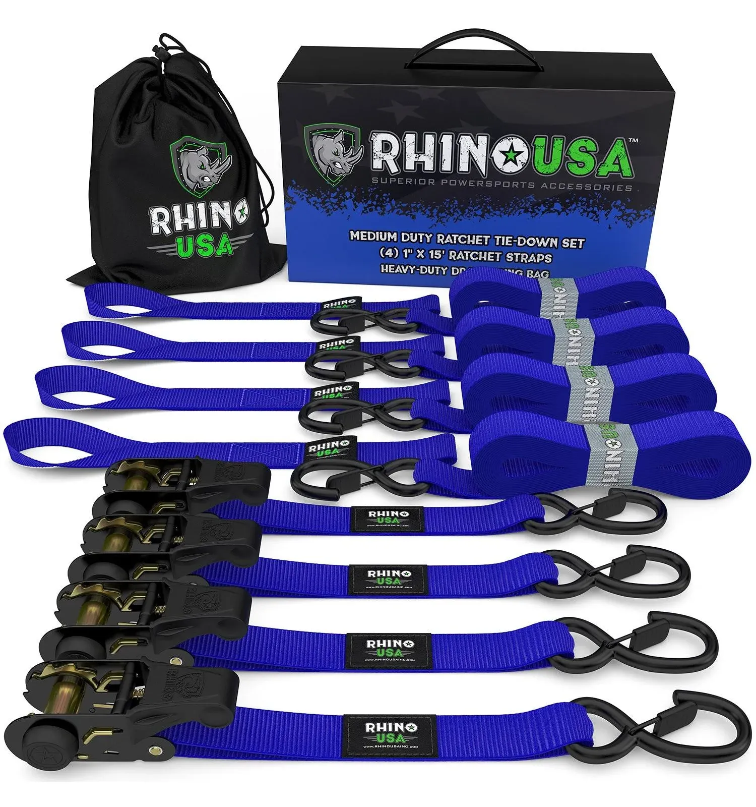 Rhino USA 1 inch x 15' Ratchet Tie-Down Set, 4 Pack, Blue