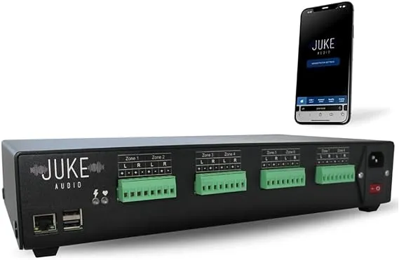 Juke-6 | 6 Zone Audio Amplifier | Wirelessly Controlled Multi-Room Audio System | Compatible with Airplay 2, Spotify Connect, Bluetooth, DLNA