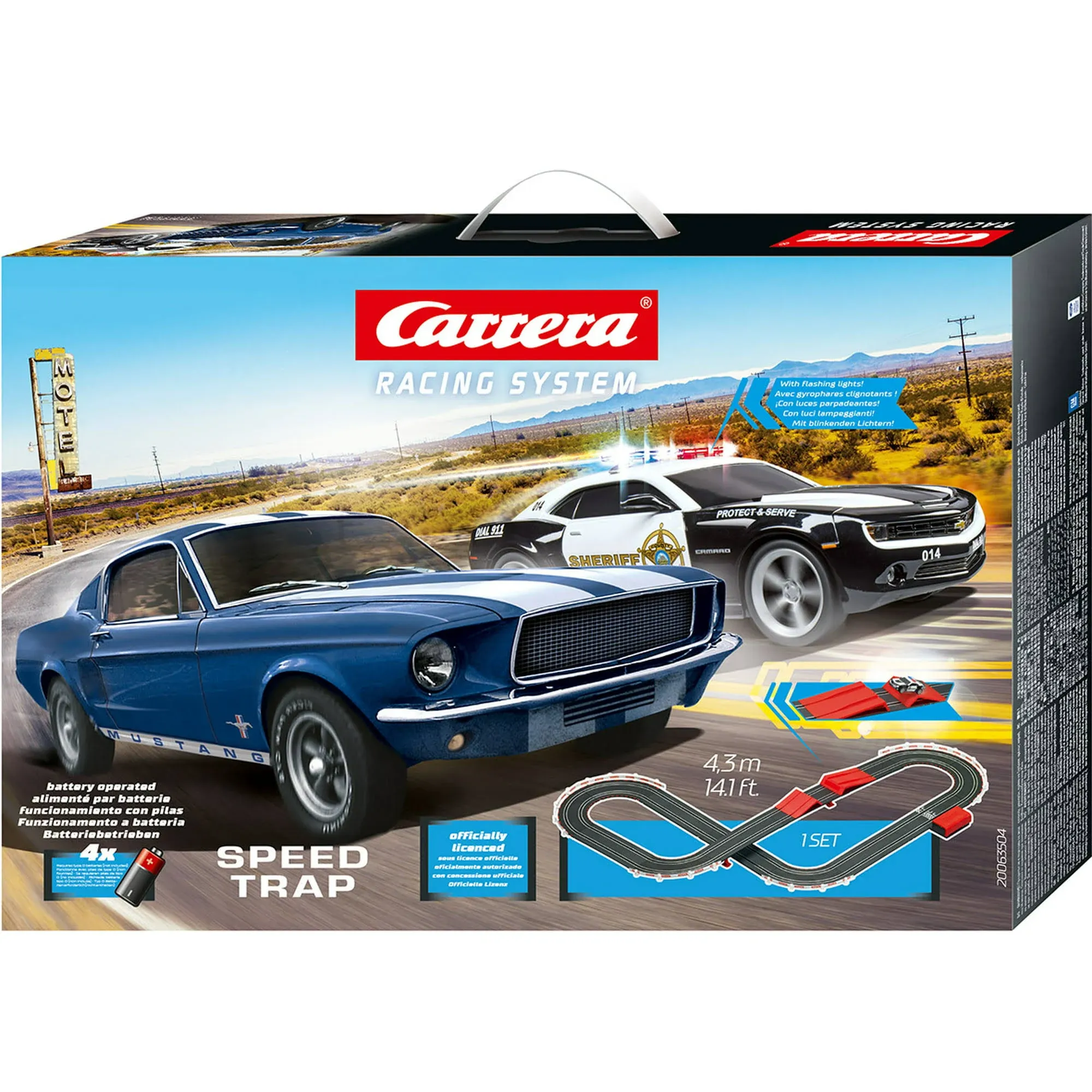 Carrera Battery Operated 1:43 Scale Speed Trap Slot Car Race Track Set w/ Jump Ramp featuring Ford Mustang versus Chevrolet Camaro Sheriff