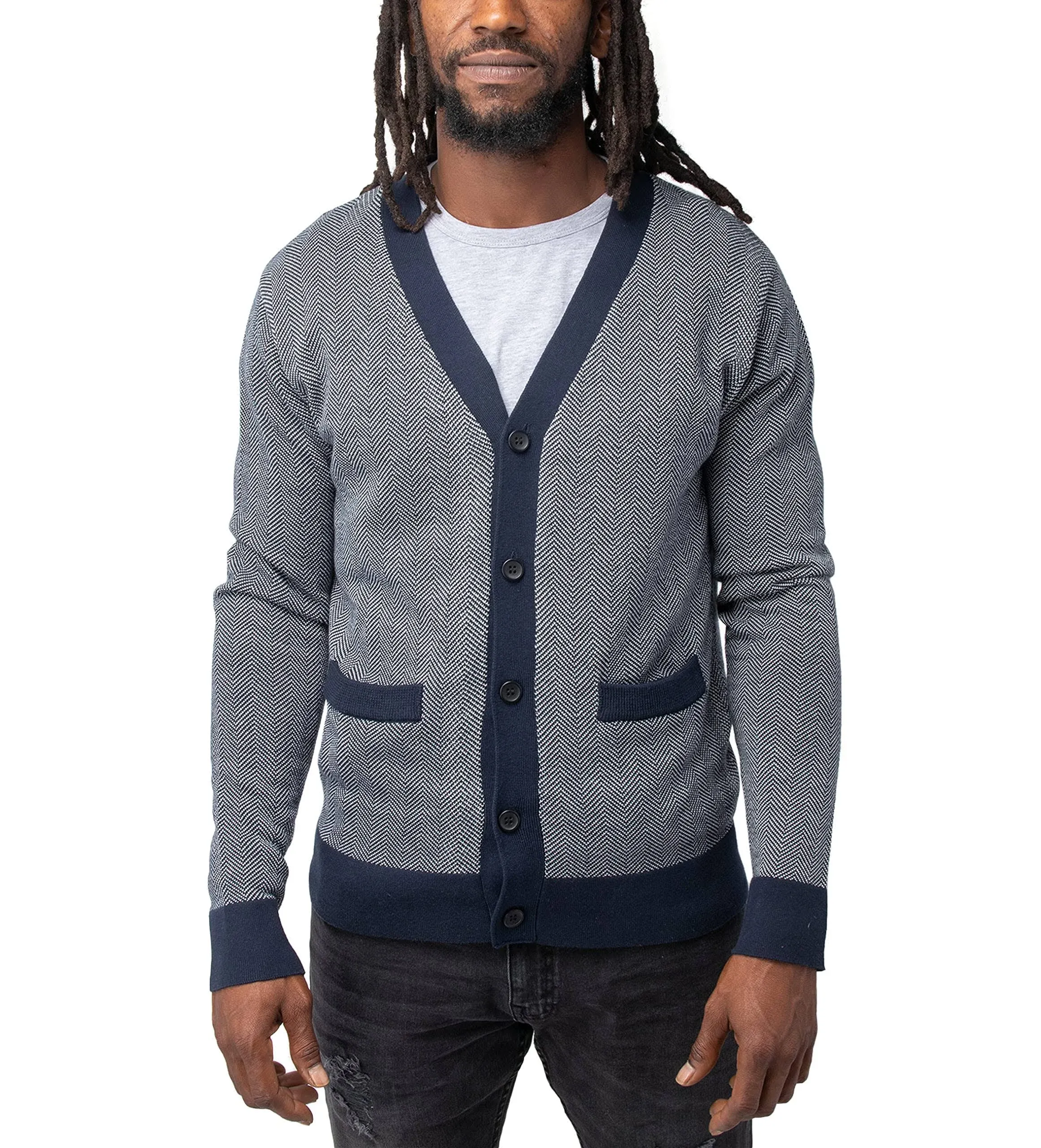 x Ray Men's Herringbone Cardigan Sweater in White/Navy Size Large