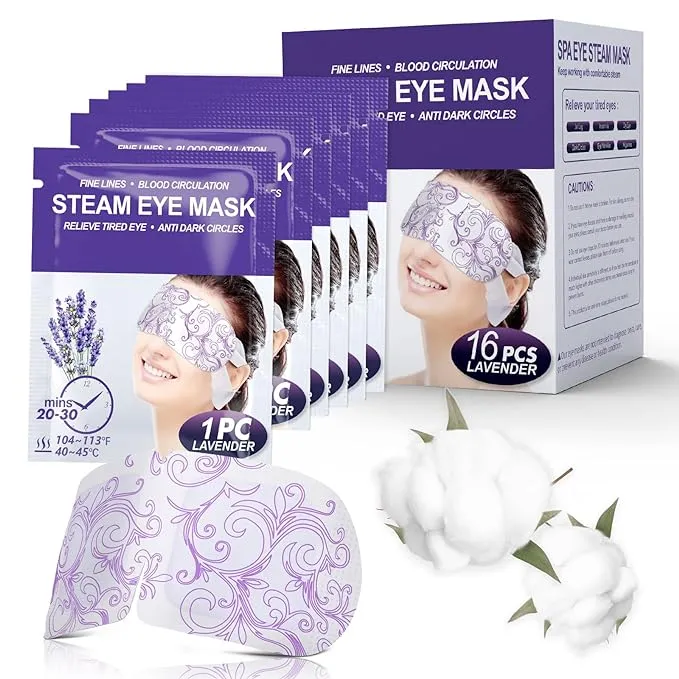 16 Packs Steam Eye Masks for Dry Eyes, Lavender Warm, Relief Eye Fatigue & Dark Circle, Heat Sleep Eye Mask for Puffy Eyes, Disposable Moist Hot Compress Eye Patch for Sleeping