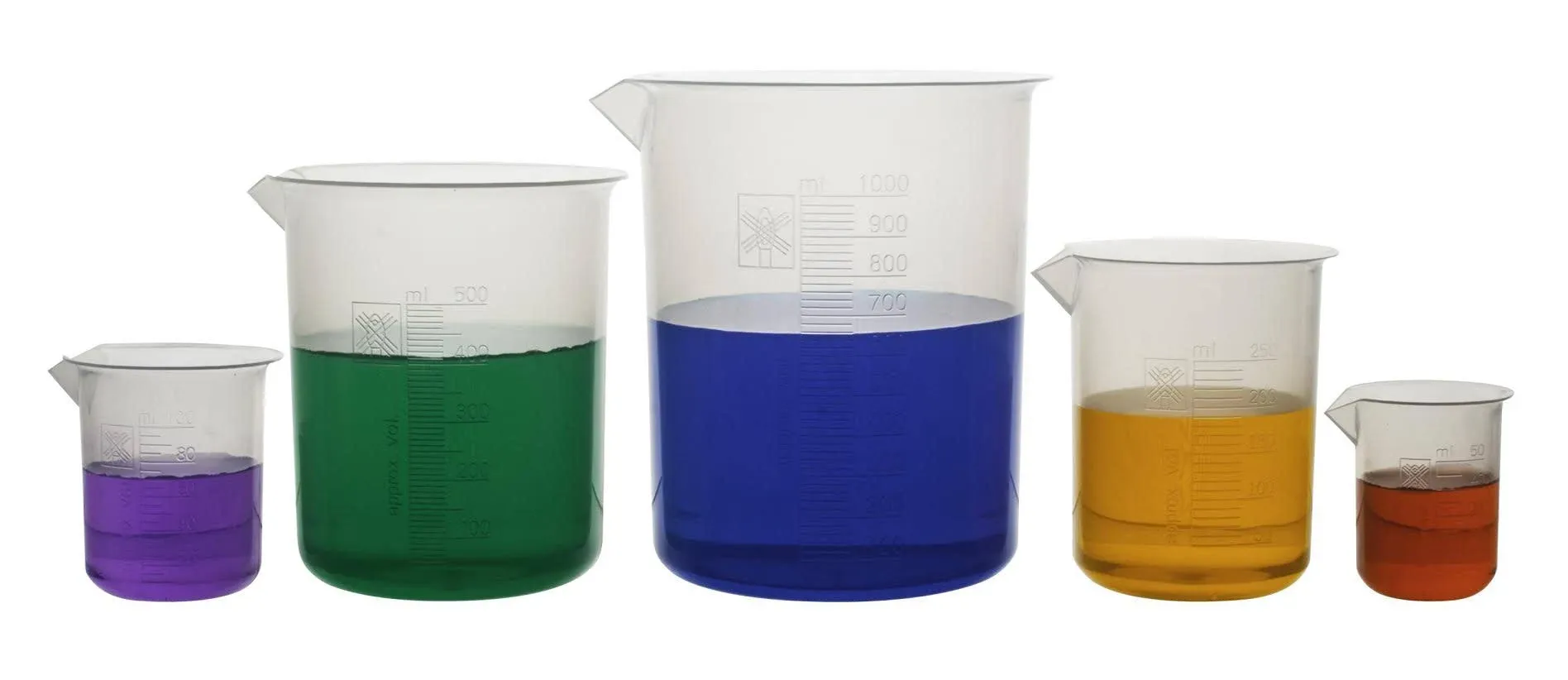 Polypropylene Plastic Beaker Set - 50mL, 100mL, 250mL, 500mL, and 1000mL