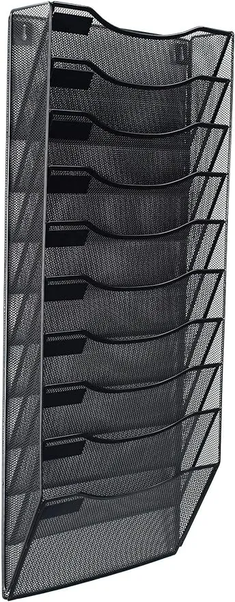 Klickpick Office 10 Sections Hanging Files Wall Mounted Metal Mesh Document File Organizer Magazine Holder Rack Organizer Racks Multipurpose Use to Display Files, Magazine, Newspapers- Black