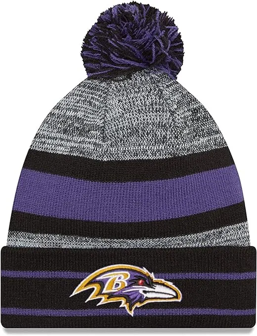 Baltimore Ravens NFL New Era Stripe Cuffed Pom Knit Hat- Purple/Black