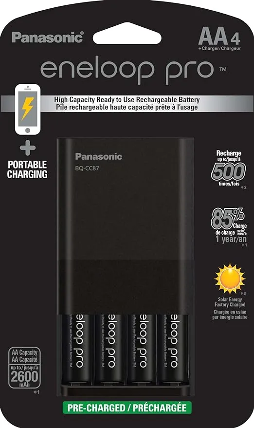 Panasonic K-KJ87KHA4BA Individual Battery Charger with Portable Charging Technology and 4AA eneloop pro Rechargeable Batteries, Black