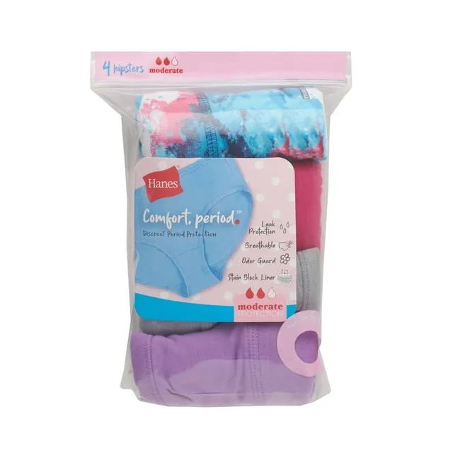 Hanes Comfort, Period. Girls' Hipster Underwear, Moderate Protection, 4-Pack Assorted 10