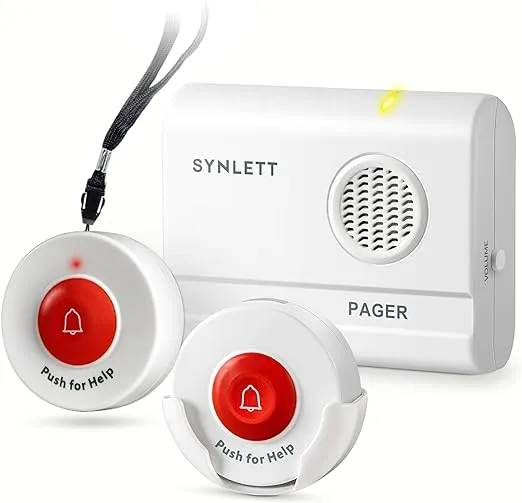 SYNLETT Caregiver Pager Wireless Call Buttons for Elderly Monitoring SOS Alert System Portable Alarm for Nurse Call Seniors Pati