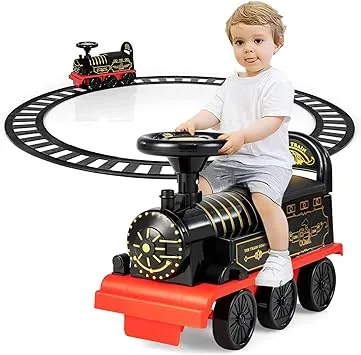 INFANS Kids Ride On Train with Track, 6V Electric Toy with Lights and Sounds, Battery Powered Gift for Toddlers, Black