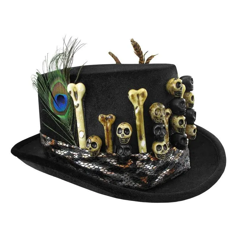 Nicky Bigs Novelties Adult Black Voodoo Top Hat Skull Bones Feather Witch Doctor Costume Headpiece