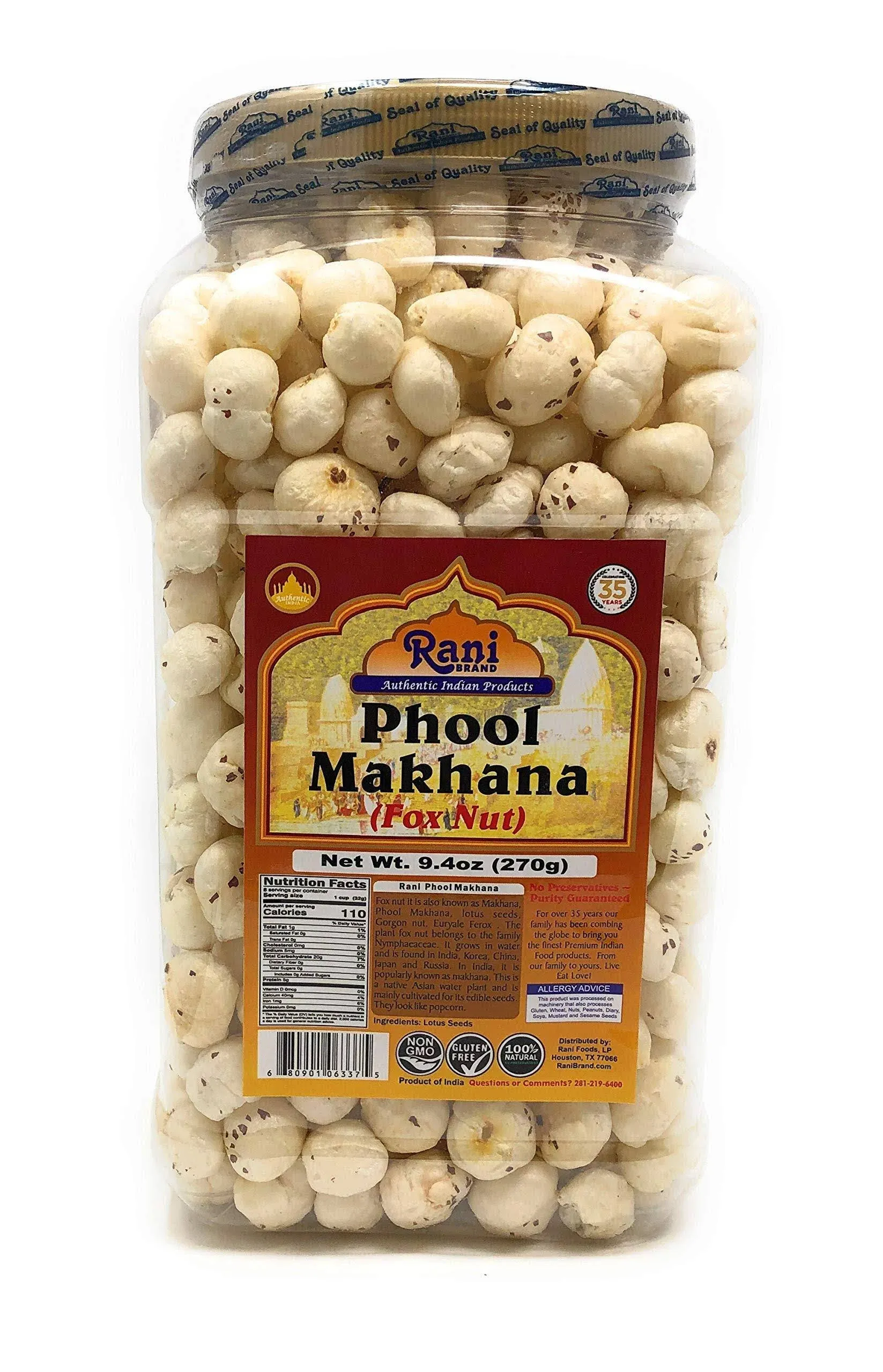 Rani Phool Makhana (Fox Nut / Popped Lotus Seed) 9.4oz (270g) PET Jar ~ Plain Raw Uncooked | ~ All Natural | Vegan | Gluten Friendly | NON-GMO