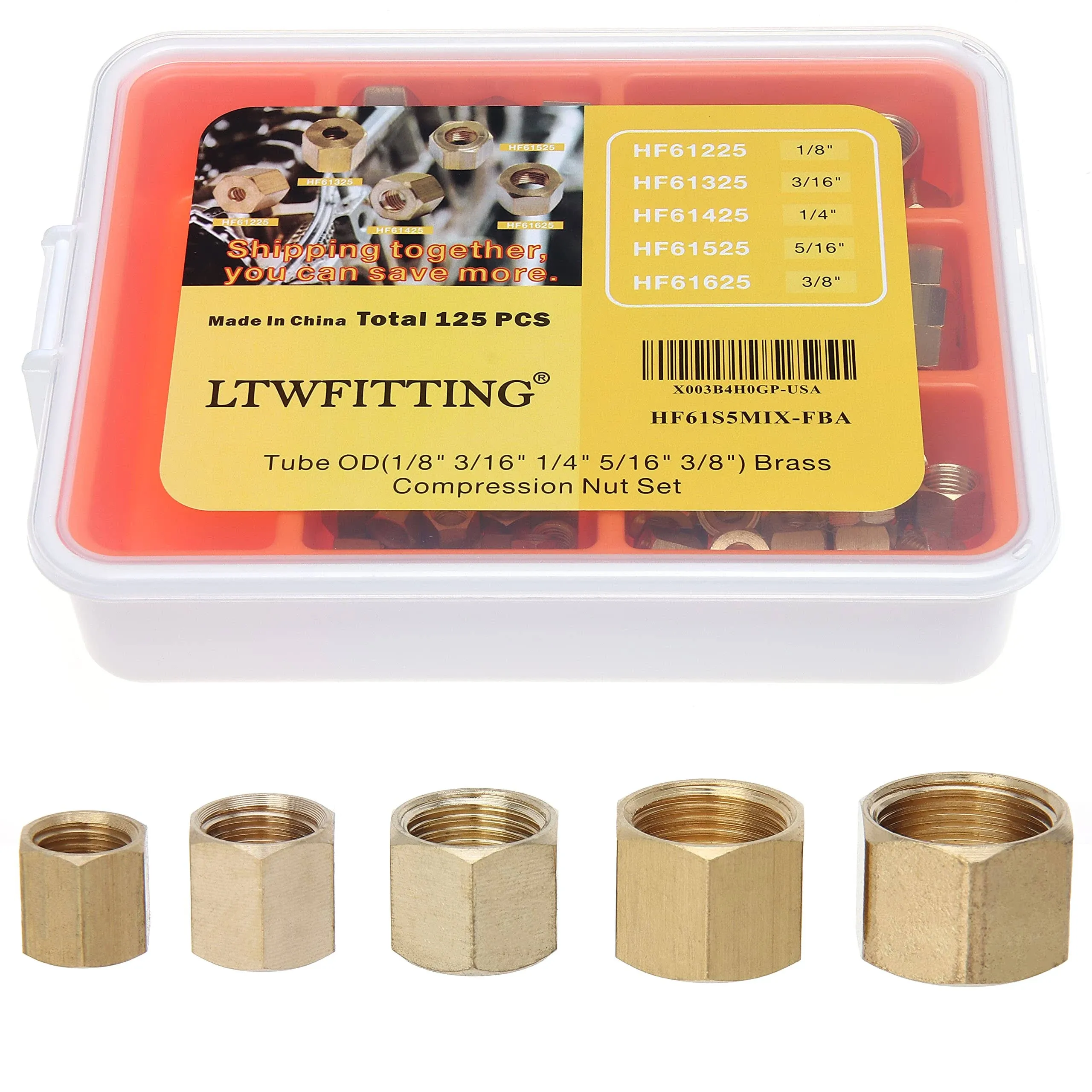 LTWFITTING Assortment Kit Tube OD 1/8&#034; 3/16&#034; 1/4&#034; 5/16&#034; 3/8&#034; Brass Compressio...