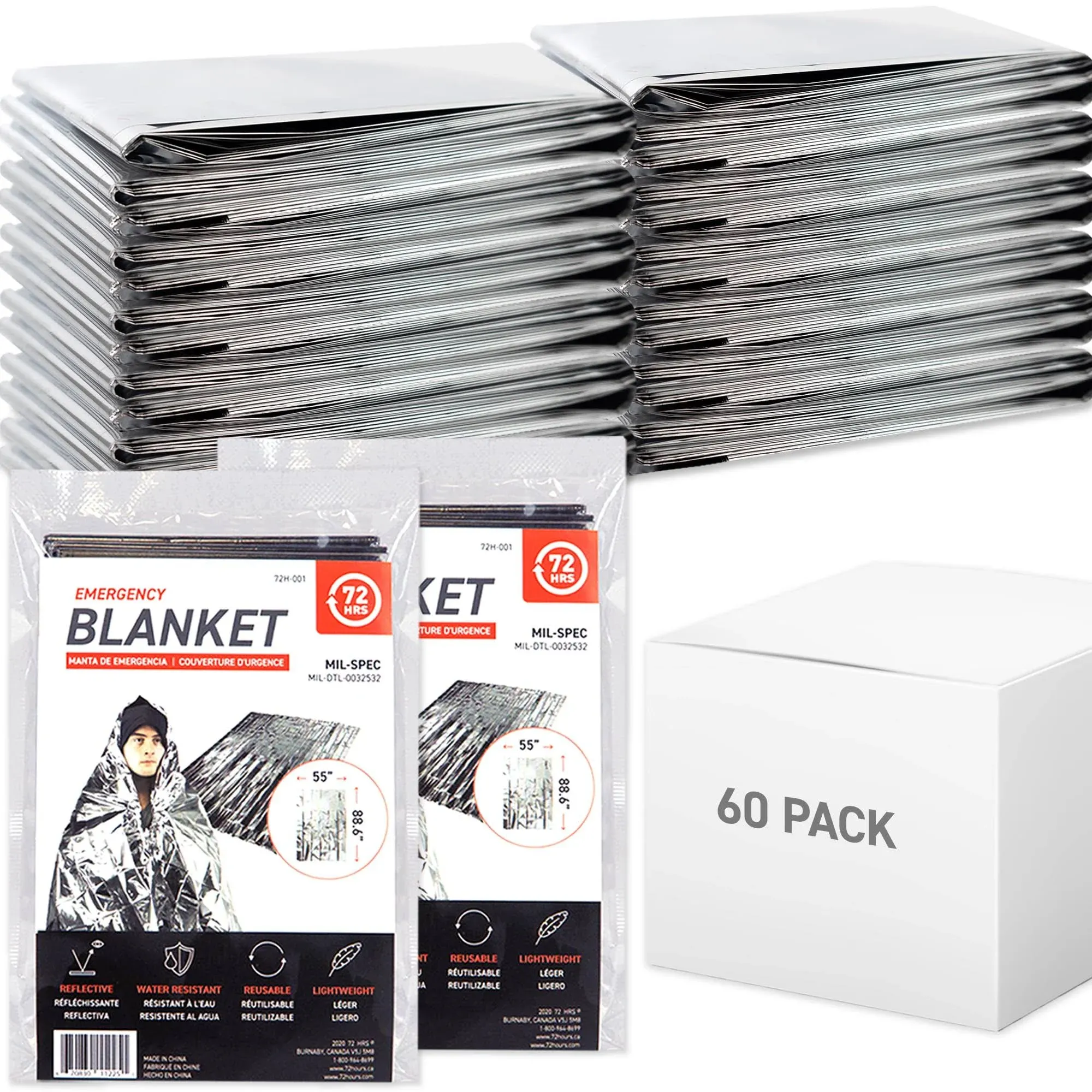 72 HRS Extra Large MIL-SPEC Emergency Mylar Thermal Blanket (Pack of 60) Heat Space Survival Blankets for Car, First Aid Kit, Hiking, and Shelter