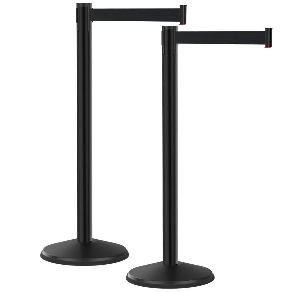 Prime Retracta-Belt Stanchion with Retractable Belt Barrier (2pk), Crowd Control Barrier, 10’ Belt, Steel Post, No Tools Required (Black Post w/Black Belt)