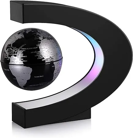 TeaMaX Magnetic Levitation Floating World Map Globe with C Shape Base, Best Business Men Gift, Floating Decoration Black Silver Globe with LED Lights, Fathers Students Teacher Birthday Gift