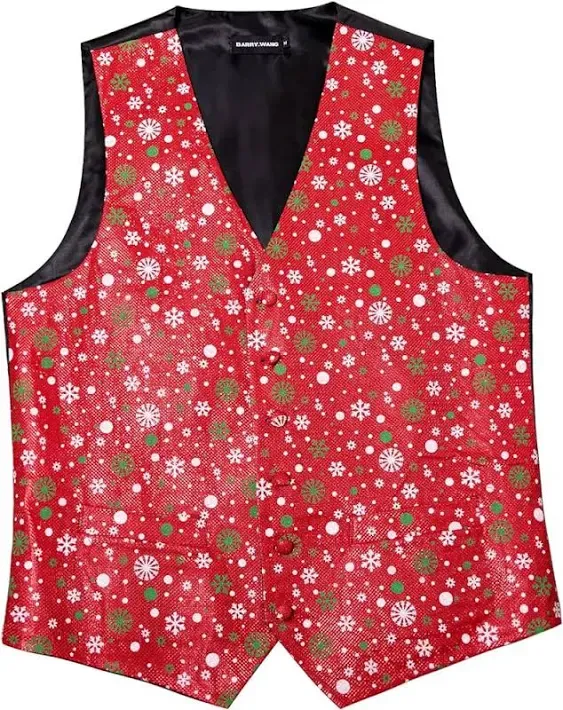 Barry. Wang Mens Christmas Vest with Snow/Snowman/Christmas Tree Red/Green Holiday Waistcoat Bowtie Set Party Halloween