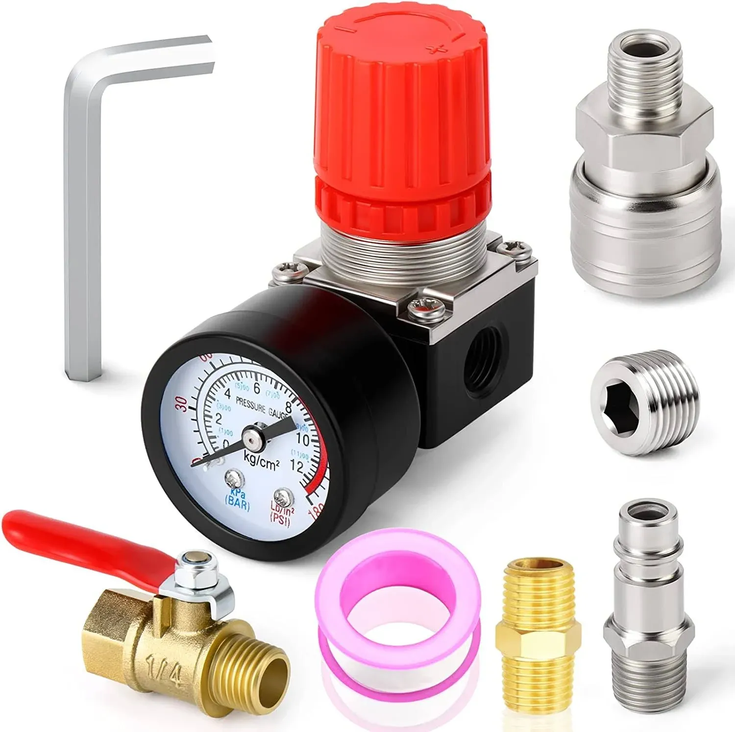 MEANLIN MEASURE 1/4 Inch Air Compressor Regulator with Gauge, 0-180 PSI Air Gauge Regulator Inline for Air Compressor and Pneumatic Tools (Four-way valve)