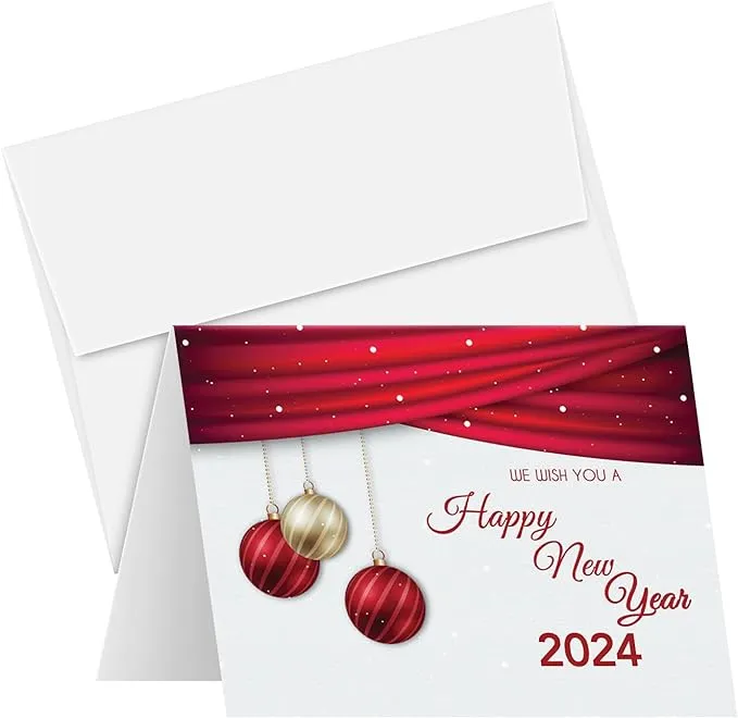 2025 We Wish You A Happy New Year Greeting Cards – Red Christmas Eve, Xmas, Holidays, Greetings, Invitations, Thank You, Announcements, Gifts – 25 per Pack – Envelopes Included (4.25" x 5.5")