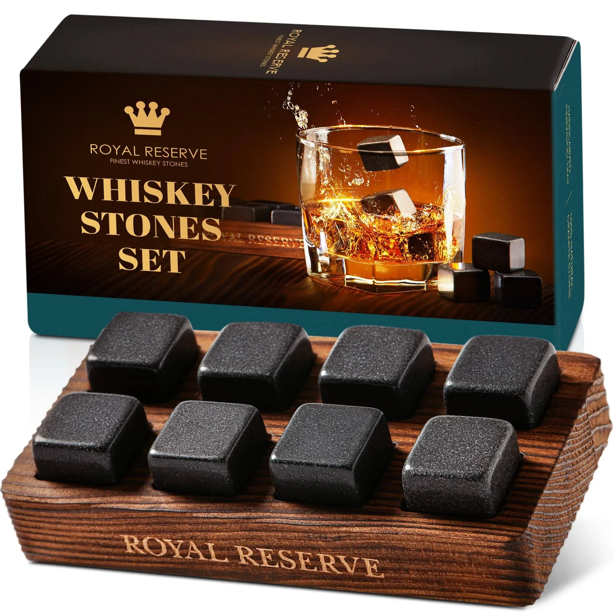 Royal Reserve Whiskey Stones Gift Set - Artisan Crafted Reusable Chilling Rocks for Scotch Bourbon Modern Stocking Stuffer for Men Anniversary or Retirement