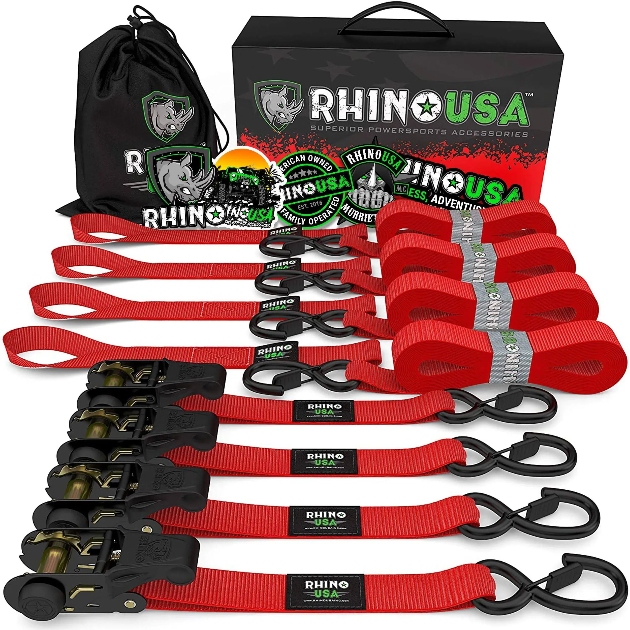 Rhino USA 1 inch x 15' Ratchet Tie-Down Set, 4 Pack, Red