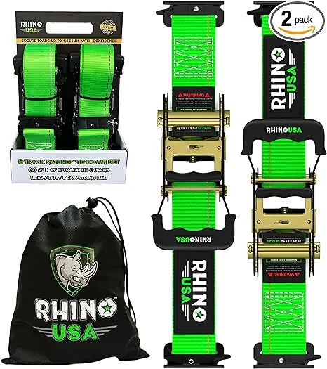 Rhino USA 2”x16’ Retractable E-Track Ratchet Straps: 4500lbs Max Break Strength Compatible with E Track Rail Systems Only– Perfect for UTV’s, ATV’s and Other Cargo (Green - 2 Pack)